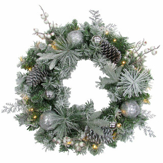 Fraser Hill Farm 24-in Christmas Prelit Frosted Wreath with Ornaments, Pinecones, and Berries