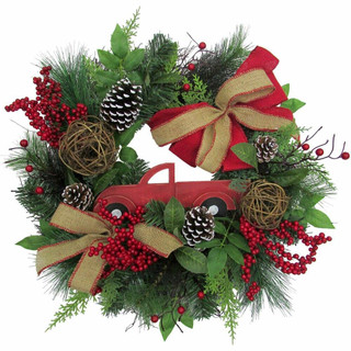 Fraser Hill Farm 24-in Christmas Wreath with Pinecones, Burlap Bows and Wooden Truck Decoration