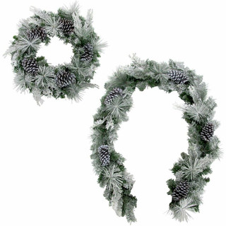 Fraser Hill Farm 24-in Wreath and 6-ft Garland Set with Snow Flocking and Pinecones