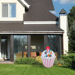 Fraser Hill Farm 4-Ft Tall Happy Birthday Cupcake with Cherry on Top, Blow Up Inflatable with Lights, White/Stripes/Dots