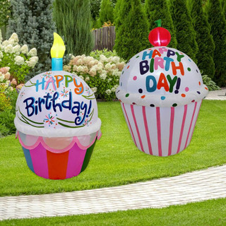 Fraser Hill Farm 4-Ft Tall Happy Birthday Cupcake with Cherry on Top, Blow Up Inflatable with Lights, White/Stripes/Dots