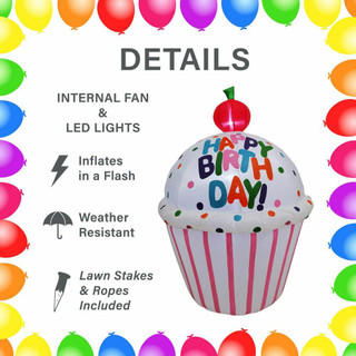 Fraser Hill Farm 4-Ft Tall Happy Birthday Cupcake with Cherry on Top, Blow Up Inflatable with Lights, White/Stripes/Dots