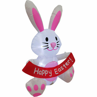 Fraser Hill Farm 5-Ft Tall Bunny Rabbit Holding a Happy Easter Banner, Outdoor/Indoor Blow Up Spring Inflatable with Lights