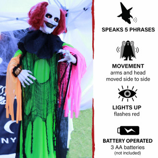 Haunted Hill Farm Haunted Hill Farm 5.8-Ft Animatronic Clown, Indoor/Covered Outdoor Halloween Decoration, Red LED Eyes, Poseable, Battery-Operated, Spike, HHCLOWN-17FLSA