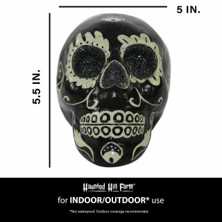 Haunted Hill Farm Haunted Hill Farm 5.5-in Black Sugar-Skull Inspired Day of the Dead Decorative Skull with White Accents and Silver Glitter, HHDODSKL-7S