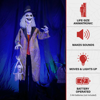 5.3-Ft. Jebediah Bones Animatronic Gravekeeper, Indoor or Covered Outdoor Halloween Decor, Red LED Eyes, Battery-Operated