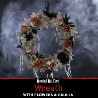 1.8-Ft. Gothic Skull Wreath with Multicolor Flowers, Indoor or Covered Outdoor Halloween Decoration