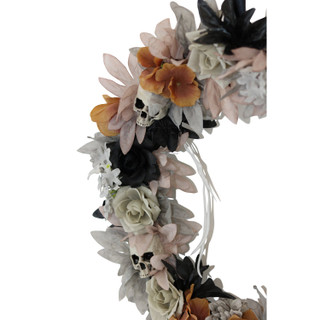 1.8-Ft. Gothic Skull Wreath with Multicolor Flowers, Indoor or Covered Outdoor Halloween Decoration
