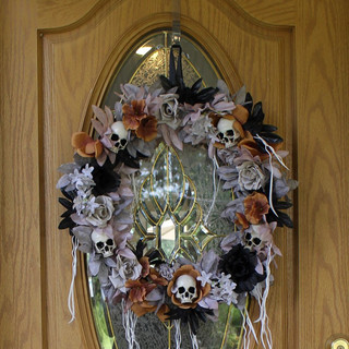 1.8-Ft. Gothic Skull Wreath with Multicolor Flowers, Indoor or Covered Outdoor Halloween Decoration
