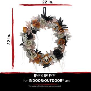 1.8-Ft. Gothic Skull Wreath with Multicolor Flowers, Indoor or Covered Outdoor Halloween Decoration