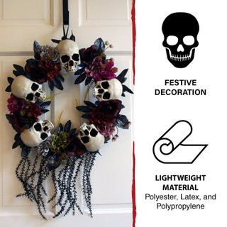 2-Ft. Halloween Wreath with Skulls, Fall Flowers, and Vines, Indoor/Covered Outdoor Halloween Decoration