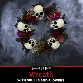 2-Ft. Halloween Wreath with Skulls, Fall Flowers, and Vines, Indoor/Covered Outdoor Halloween Decoration