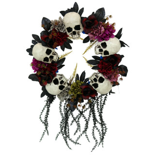 2-Ft. Halloween Wreath with Skulls, Fall Flowers, and Vines, Indoor/Covered Outdoor Halloween Decoration