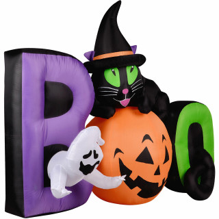 Haunted Hill Farm Haunted Hill Farm 5-Ft Inflatable Pre-Lit Boo Sign with Black Cat, Jack-O-Lantern, and Ghost, HIBOOSGN051-L