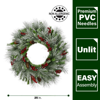 Fraser Hill Farm 25-In. Lightly Flocked Wreath Door or Wall Hanging - w/Pinecones and Berries