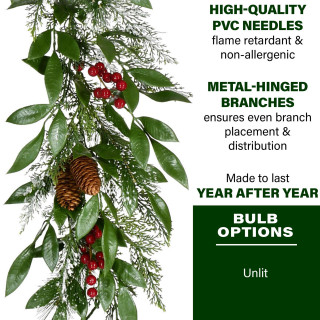  Fraser Hill Farm 9-Ft. Mixed Leaf Decorative Garland with Pinecones and Red Berries 