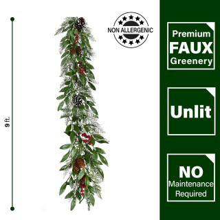 Fraser Hill Farm 9-Ft. Mixed Leaf Decorative Garland with Pinecones and Red Berries