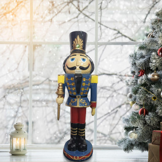 Fraser Hill Farm Fraser Hill Farm 3-Ft Nutcracker Toy Soldier Holding a Staff, Resin Statue w/ LED Lights, Indoor or Covered Outdoor
