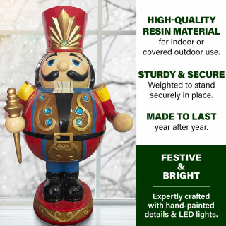 Fraser Hill Farm Fraser Hill Farm 3-Ft Roly Poly Nutcracker Toy Soldier, Resin Staue w/ LED Lights, Indoor or Covered Outdoor