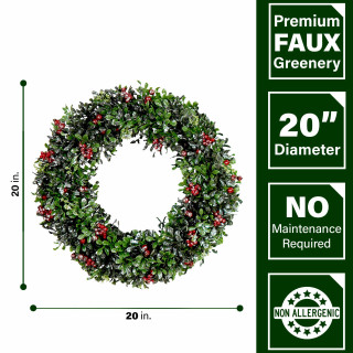 Fraser Hill Farm Fraser Hill Farm 20-In Frosted Faux Boxwood Wreath with Red Berries, FF020CHWR001-0GR