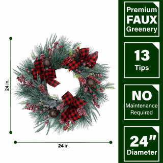 Fraser Hill Farm Fraser Hill Farm 24-In Frosted Wreath with Red Berries, Plaid Bows, and Rustic Sleigh Bells, FF024CHWR021-0GR