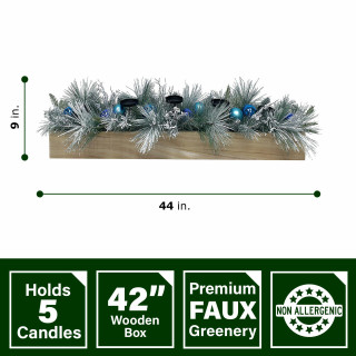 Fraser Hill Farm Fraser Hill Farm 42-inch 5-Candle Holder Centerpiece with Frosted Pine Branches and Blue Ornaments in Wooden Box, FF042CHTT012-0BL