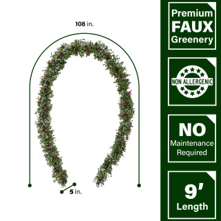 Fraser Hill Farm 9-Ft Frosted Faux Boxwood Christmas Garland with Red Berries