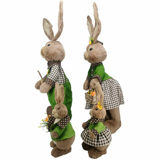 Fraser Hill Farm 4-Piece Sisal Bunny Family with Green and Brown Outfits, Cute Easter Rabbit Figurine, Spring Decoration, FHSPBNYFM-BRW3