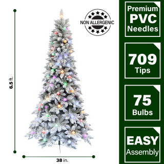 Slim White Tail Pine Snow-Flocked Christmas Tree with Colorful G40 Bulbs