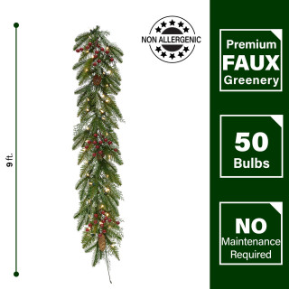 Fraser Hill Farm 9-ft Garland with Pinecones, Red Berries, and Warm White LED Lights