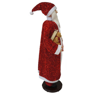 Fraser Hill Farm 58-In Dancing Santa in Red Sequin Suit with Teddy Bear and Wrapped Gifts, Animated Christmas Decorations, Holiday Home Decor