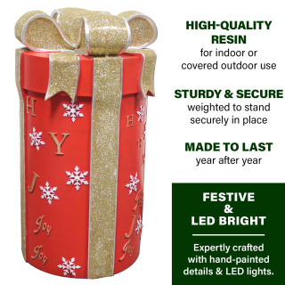 Fraser Hill Farm 20-In Red Round Gift Box with Gold Bow and LED Lights, Festive Indoor Christmas Holiday Decorations, Plug-In