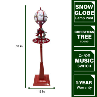  Fraser Hill Farm Let It Snow Series 69-In. Musical Snow Globe Lamp Post w/ Christmas Tree, 2 Signs, Cascading Snow, Holiday Music, Red 