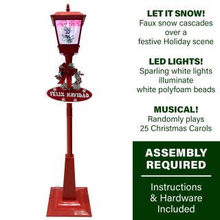 Fraser Hill Farm Let It Snow Series 71-In. Musical Snowy Street Lamp in Red with Christmas Tree, Feliz Navidad Sign, and Let it Snow Sign