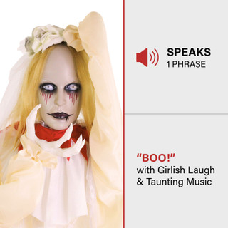 Haunted Hill Farm Poppy the Animatronic Zombie Bride with Pop-Up Head and Light-Up Eyes for Scary Halloween Decoration