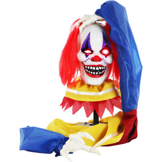 Haunted Hill Farm Poppet the Animatronic Pop-Up Talking Clown Head with Light-Up Eyes for Scary Halloween Tabletop Decoration