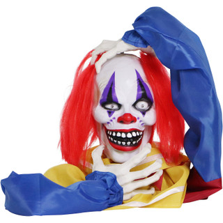Haunted Hill Farm Poppet the Animatronic Pop-Up Talking Clown Head with Light-Up Eyes for Scary Halloween Tabletop Decoration