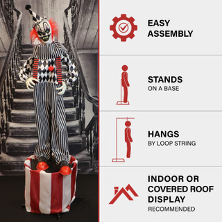 Haunted Hill Farm Animatronic Talking Clown on a Stage with Movement and Light-Up Eyes for Scary Halloween Decoration