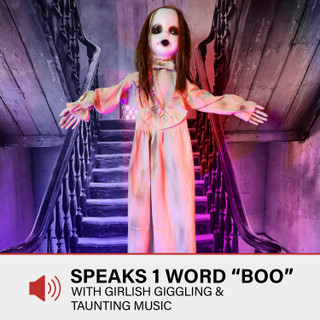 3.9-Ft. Floating, Talking Zombie Girl Animatronic with Blue Chest Light for Scary Hanging Halloween Decoration