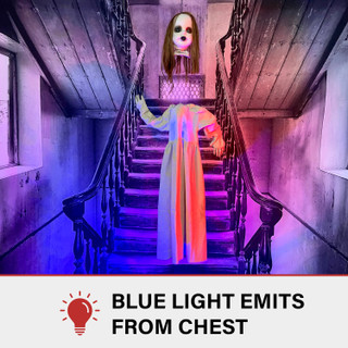 3.9-Ft. Floating, Talking Zombie Girl Animatronic with Blue Chest Light for Scary Hanging Halloween Decoration