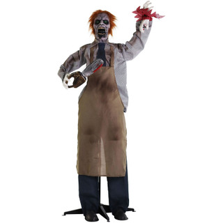 Haunted Hill Farm Chainsaw Sawyer the Animatronic Zombie Carver with Movement, Sound, and Light-Up Eyes for Scary Halloween Decoration
