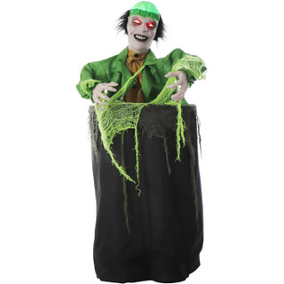 Haunted Hill Farm Dr. Ooze the Animatronic Thrashing Zombie in a Barrel with Light-Up Brain and Eyes for Scary Halloween Decoration