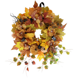 Haunted Hill Farm Festive Harvest Wreath with Fall Leaves, Mini Pumpkins, and a Creepy Spider for Autumn and Halloween Hanging Decoration