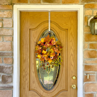 Haunted Hill Farm Festive Harvest Wreath with Fall Leaves, Mini Pumpkins, and a Creepy Spider for Autumn and Halloween Hanging Decoration