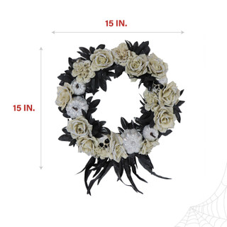 Haunted Hill Farm 15-In. Halloween Black and Silver Floral Wreath with Glitter Pumpkins and Skulls for Haunted House Hanging Decoration