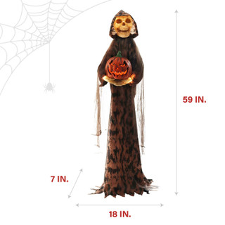 Haunted Hill Farm Forrest Stump the Skeleton Greeter with Light-Up Pumpkin and 8 Lighting Effects with Timer for Scary Halloween Decoration