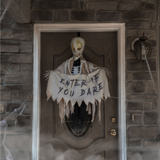 Haunted Hill Farm Danger McRibsey the Animatronic Skeleton Mummy Greeter with Banner and Folding Door Hook for Scary Halloween Decoration