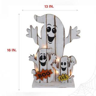 Haunted Hill Farm 16-In. Ghost Family Battery-Operated Wooden Centerpiece with Lights and Timer for Halloween Tabletop Decoration