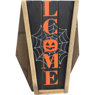 Haunted Hill Farm 33-In. Wood Coffin Welcome Sign with Folding Storage Hinges for Halloween Hanging Decoration