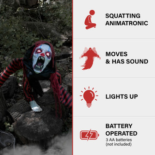 Haunted Hill Farm Jester the Animatronic Squatting Clown Dog with Movement, Sounds, and Light-Up Eyes for Scary Halloween Decoration